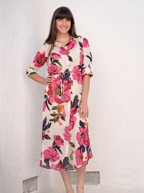 Button-Front Midi Shirt Dress in Pink Floral on Cream